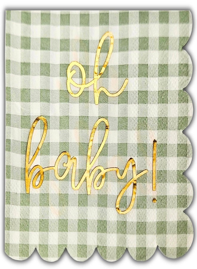 Cloverjoyed 'Oh Baby' Baby Shower Decorations, 50 Pack, Gold Oh Baby Napkins in Plaid Sage Green Pattern, Scalloped Edges, Sage Green Baby Shower Napkins, Neutral Gender Reveal Decorations - Image 1